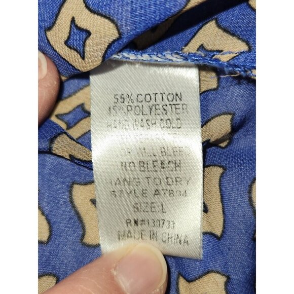 Umgee Womens Geometric Print Blouse L Blue & Beige 3/4 Sleeve Cotton/Polyester - Picture 4 of 5